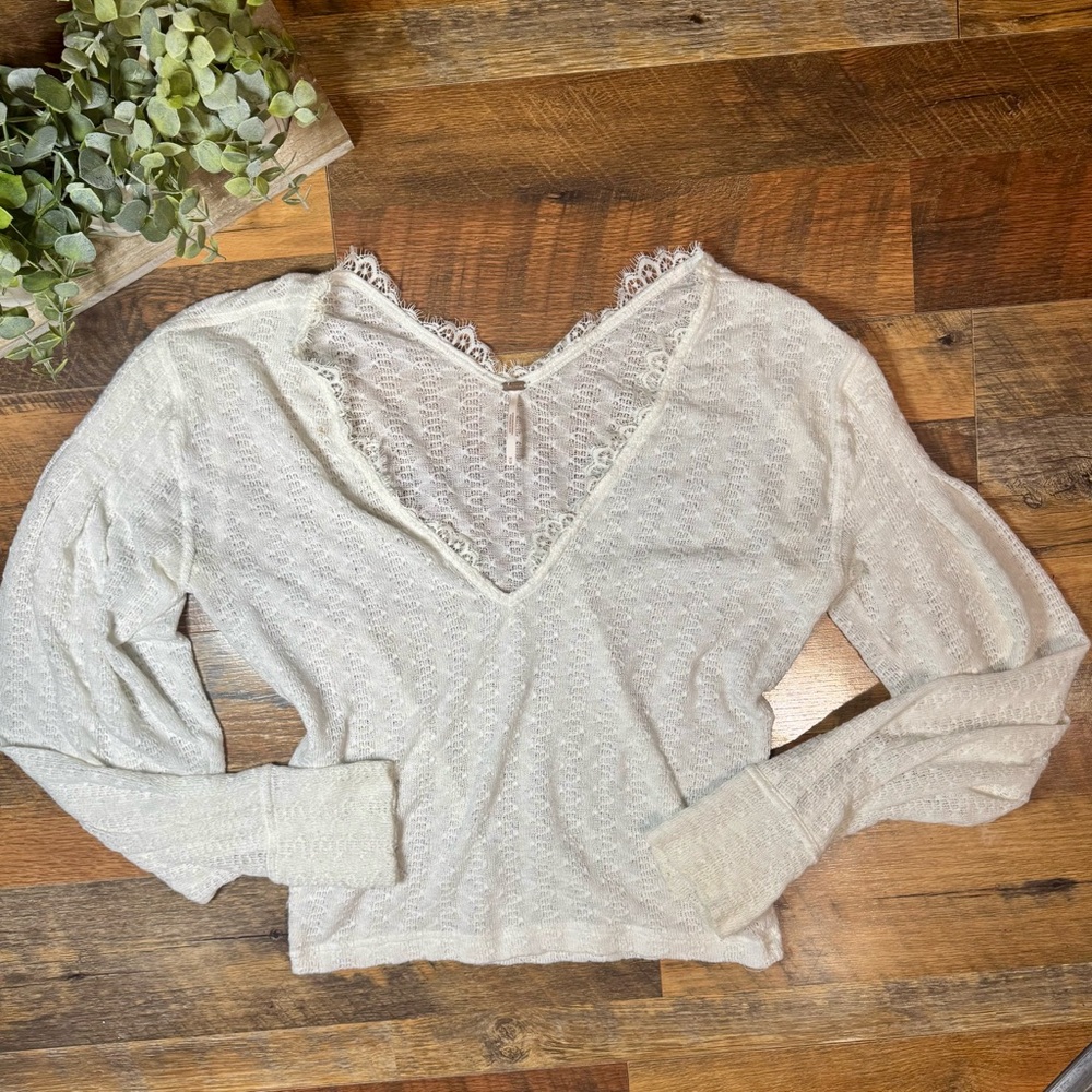 Free People Dream Girl Pointelle Knit Ivory Top- Medium - Picture 2 of 7
